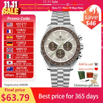 PAGANI DESIGN Saturn Men's Watches 2025 New Top Luxury Quartz Watch Men Light Tan Chronograph AR Sapphire crystal Wristwatch Men