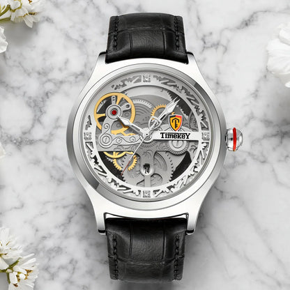 TimeKey-Fashion Classic Mechanical Style Stainless Steel Buckle Skeleton Dial Screw Crown Luminous Men's Quartz Watch