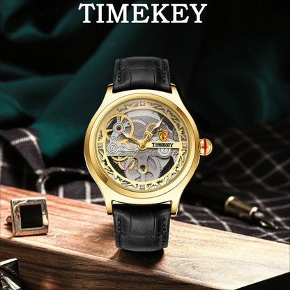 TimeKey-Fashion Classic Mechanical Style Stainless Steel Buckle Skeleton Dial Screw Crown Luminous Men's Quartz Watch