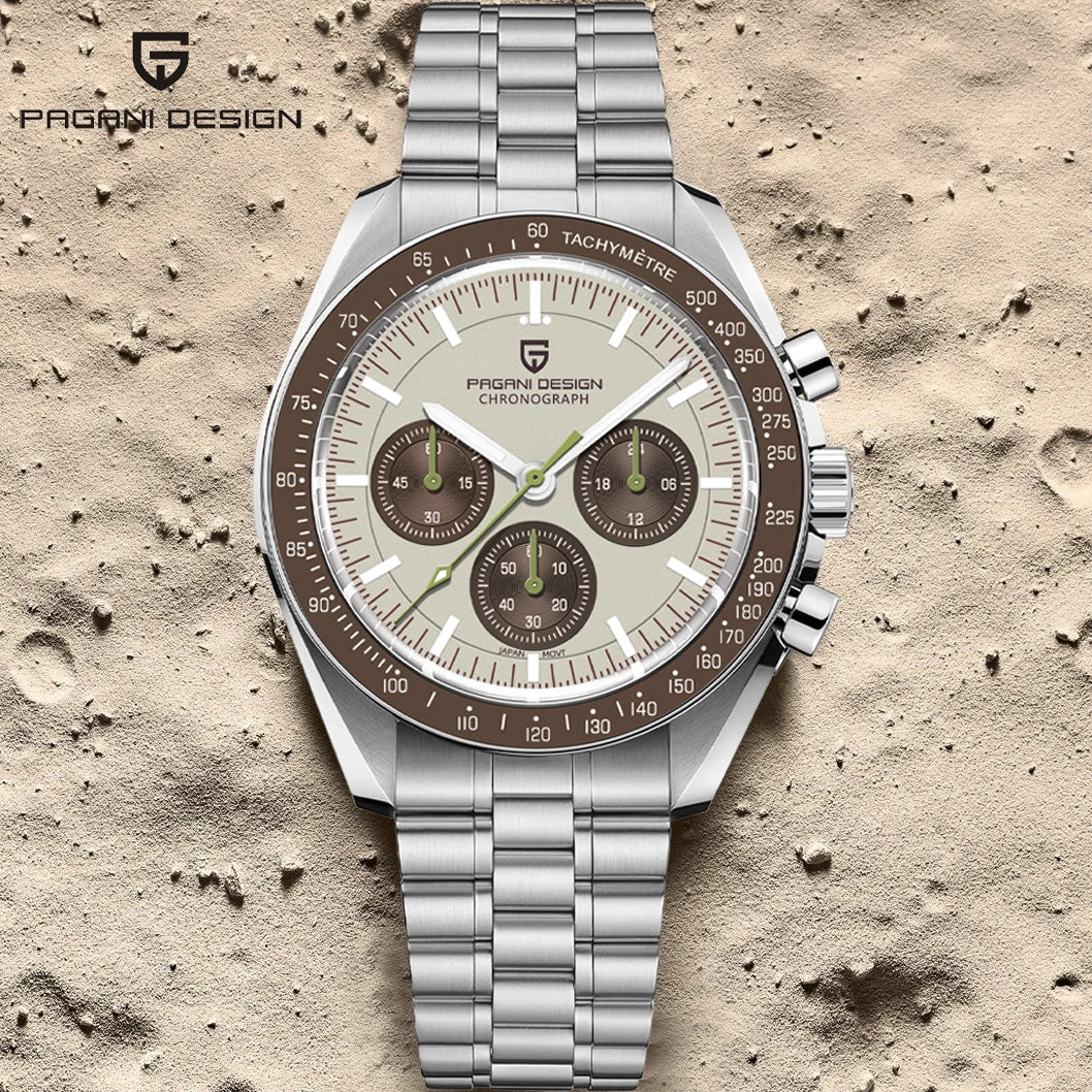 PAGANI DESIGN Saturn Men's Watches 2025 New Top Luxury Quartz Watch Men Light Tan Chronograph AR Sapphire crystal Wristwatch Men