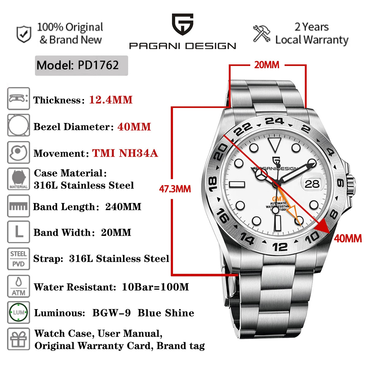 （Local delivery）PAGANI DESIGN 2025 New NH34 Men's GMT Automatic Mechanical Watches Stainless Steel 10Bar Sport BWG-9 Clock