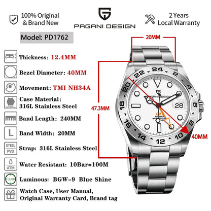 （Local delivery）PAGANI DESIGN 2025 New NH34 Men's GMT Automatic Mechanical Watches Stainless Steel 10Bar Sport BWG-9 Clock