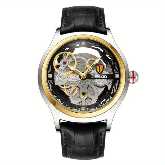 TimeKey-Fashion Classic Mechanical Style Stainless Steel Buckle Skeleton Dial Screw Crown Luminous Men's Quartz Watch