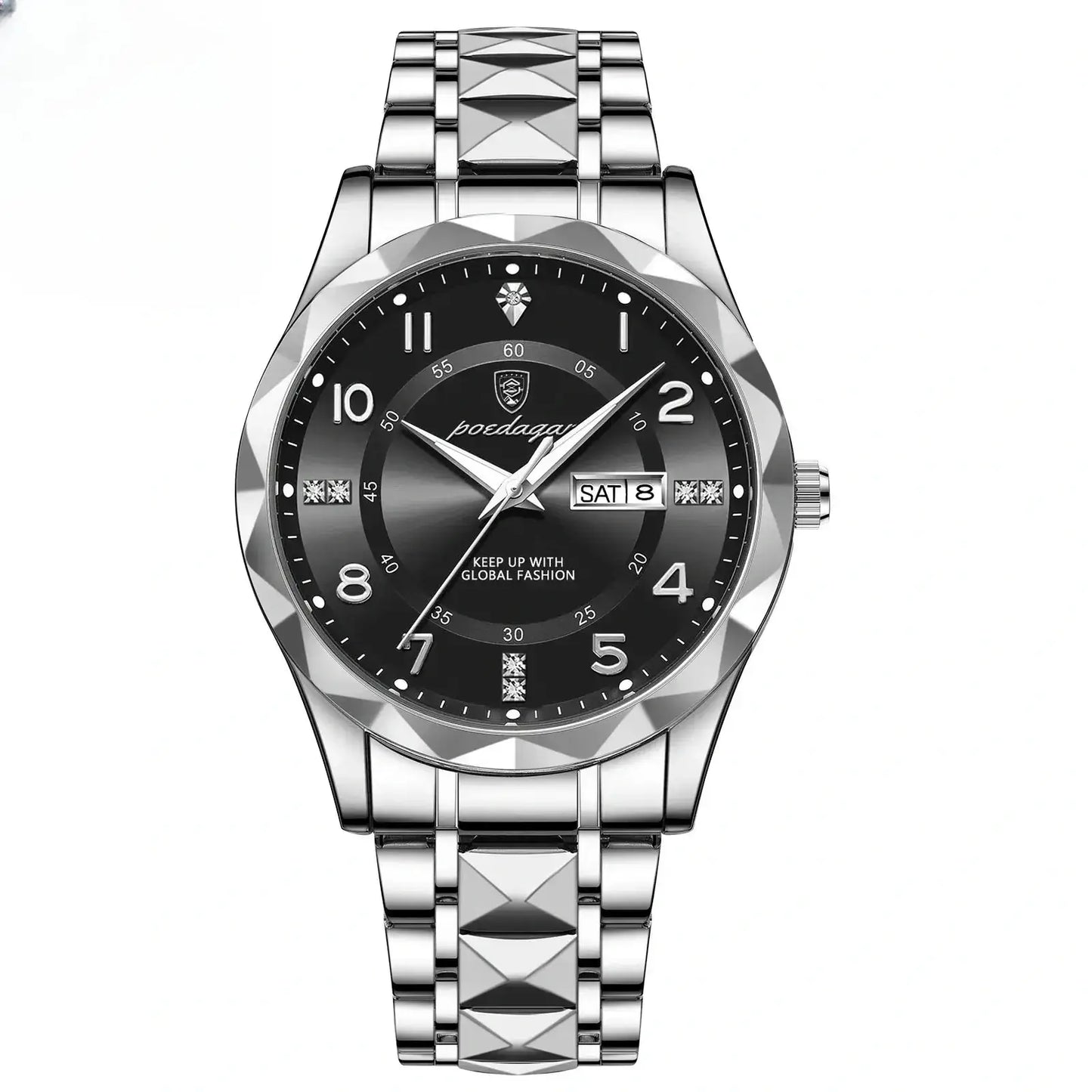 mens silver watch with black face 